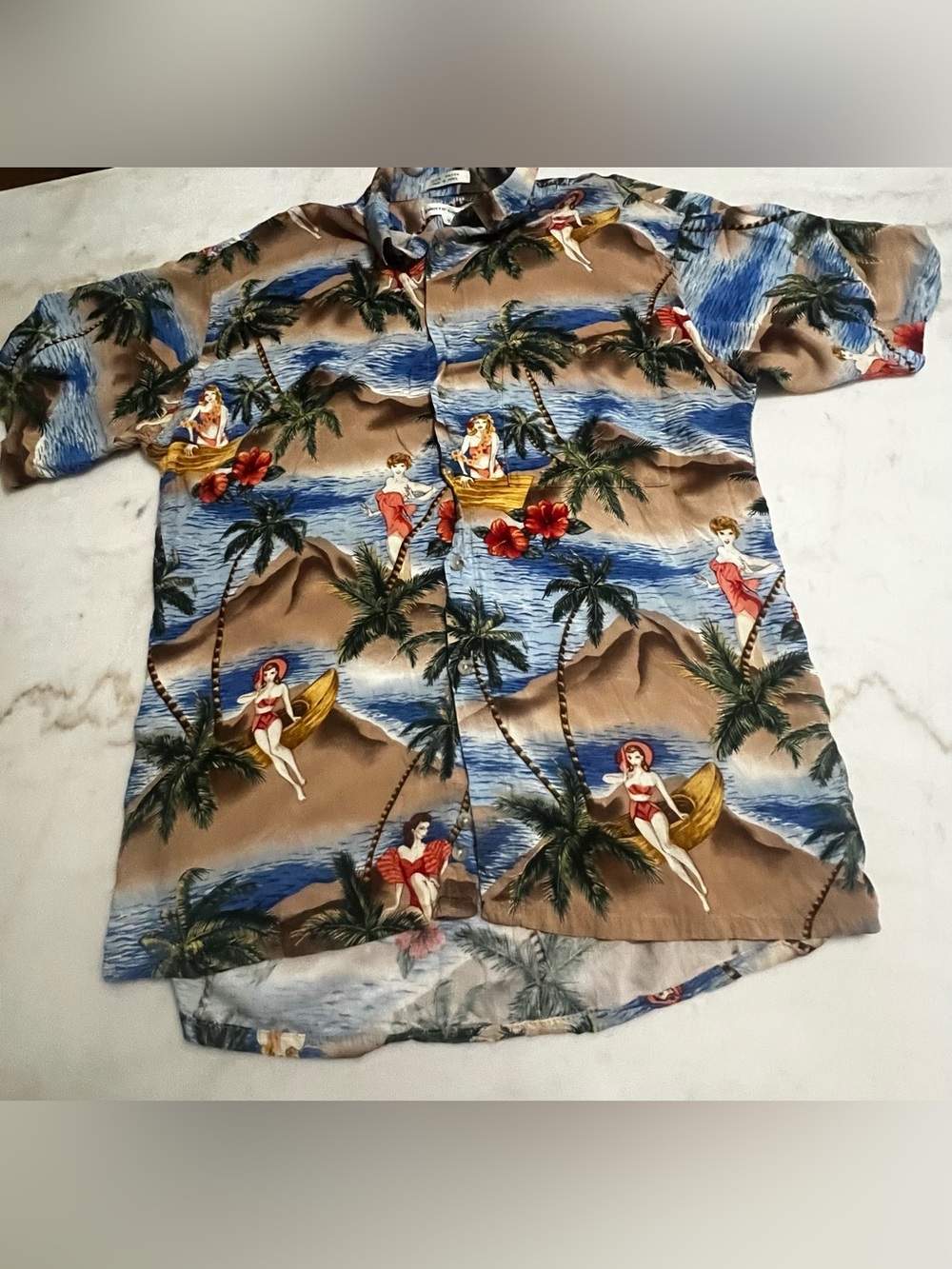 Pierre Cardin Blue Tan Palm-Print Rayon Shirt